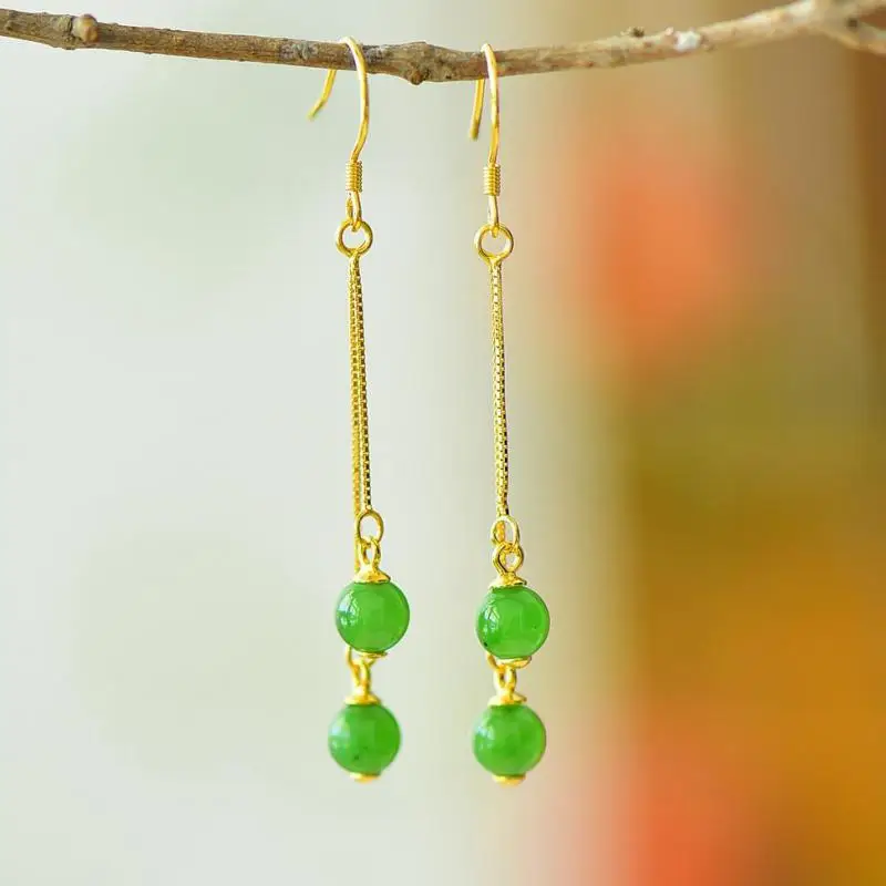

925 Sterling Silver Green Jade Earring Women Fine Jewelry Chinese Nephrite Hetian Jade Round Beads S925 Silver Dangle Earrings