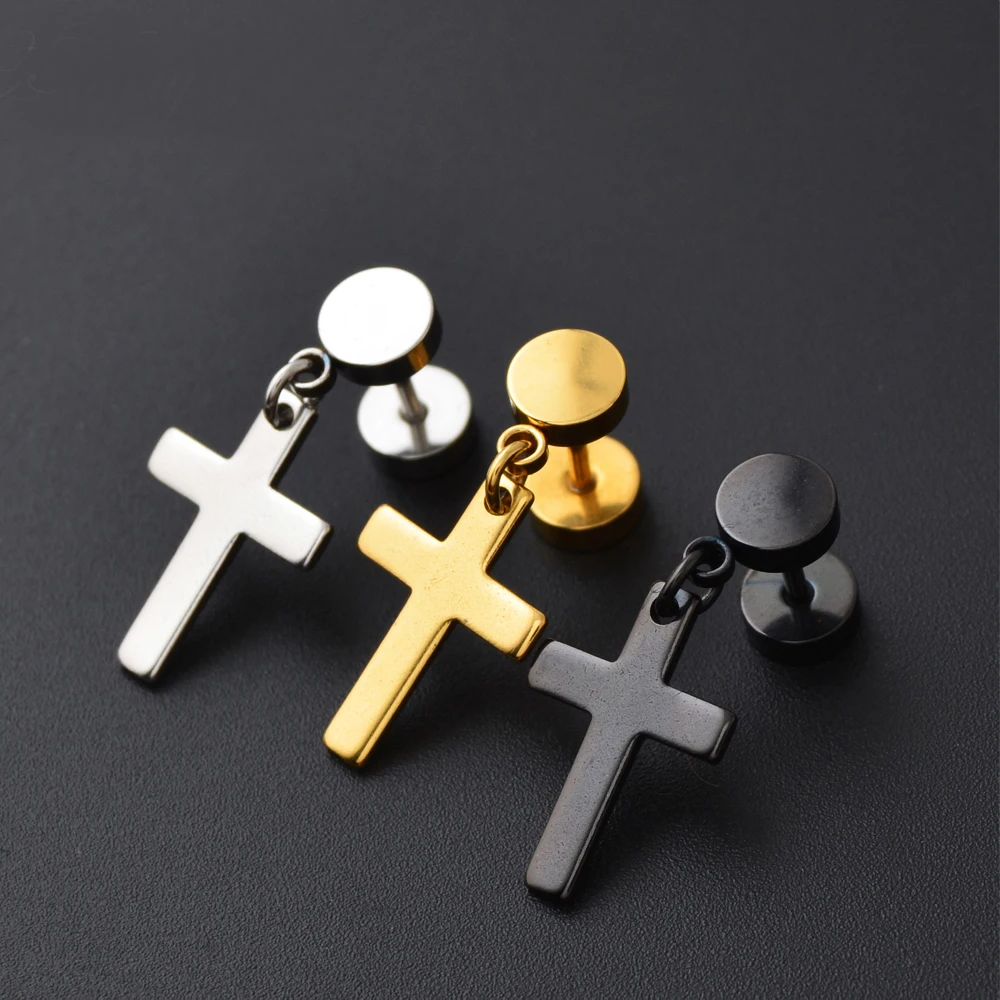 WKOUD 1 Pair Barbell Style Cross Hanging White Black Gold Color Stainless Steel Female Male Stud Earrings Women Men Studs