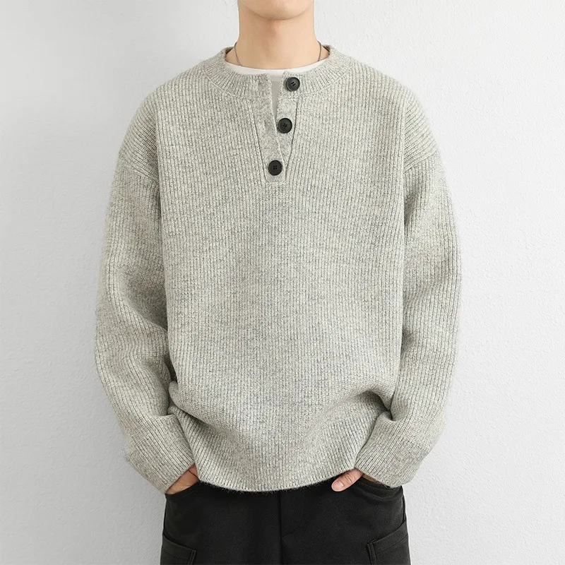 

Autumn and Winter Men's American Retro Button Solid Color Round Neck Sweater Knitted Casual Top