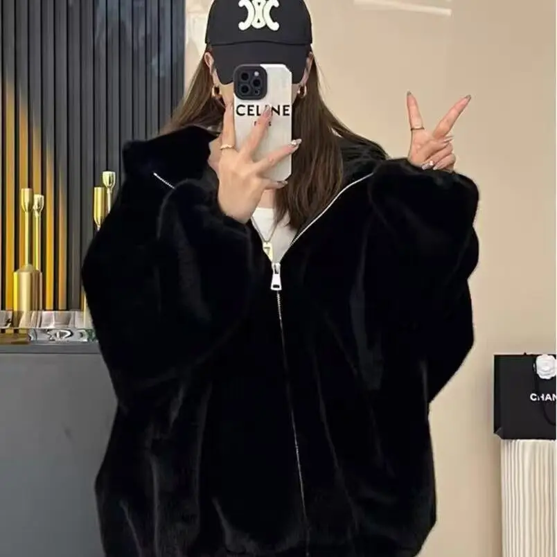 

Women 2025 Female Autumn Winter Streetwear Faux Fur Jackets Hooded Coat Thick Warm Fluffy Shaggy Outerwear Hoodie Overcoat