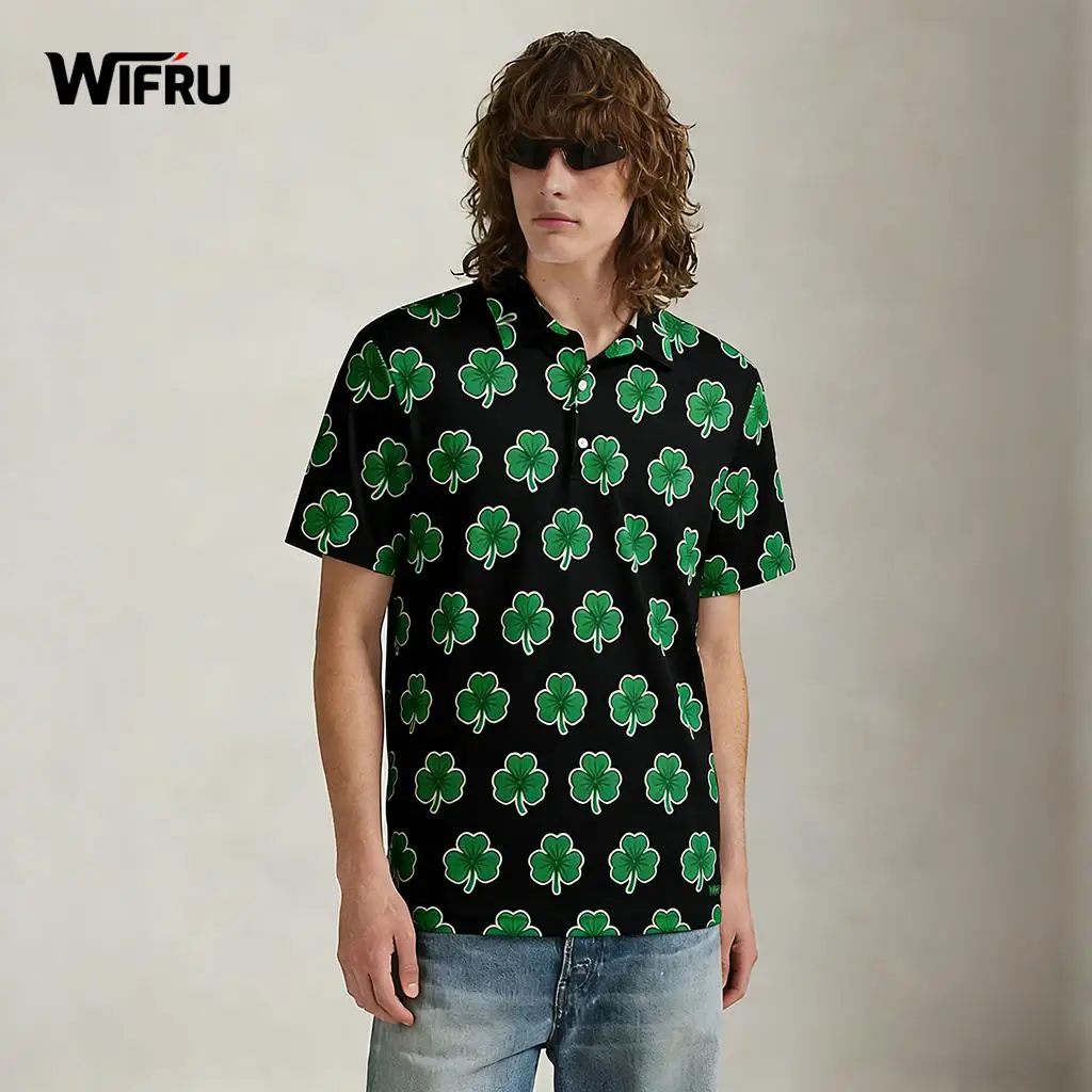 

St. Patrick's Day Green Clover Polo Shirt Irish Festival Street Popular Short Sleeve Tops WIFRU Classic Lapel Casual Golf Shirt