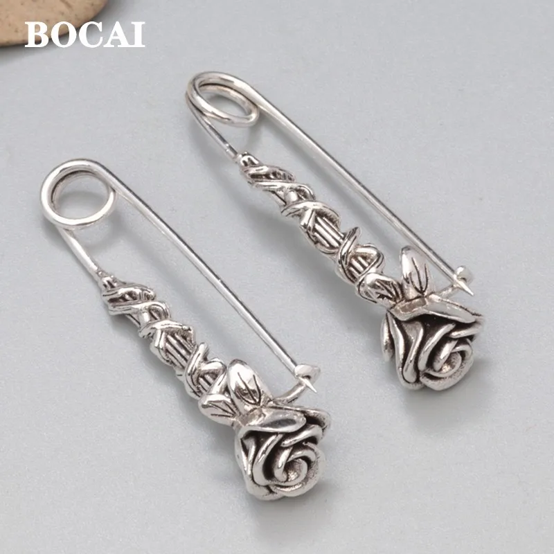 BOCAI New Real S925 Silver Original Rose Pin Vintage Chic Fashion Simple Women\'s Brooch Accessories Christmas Gift