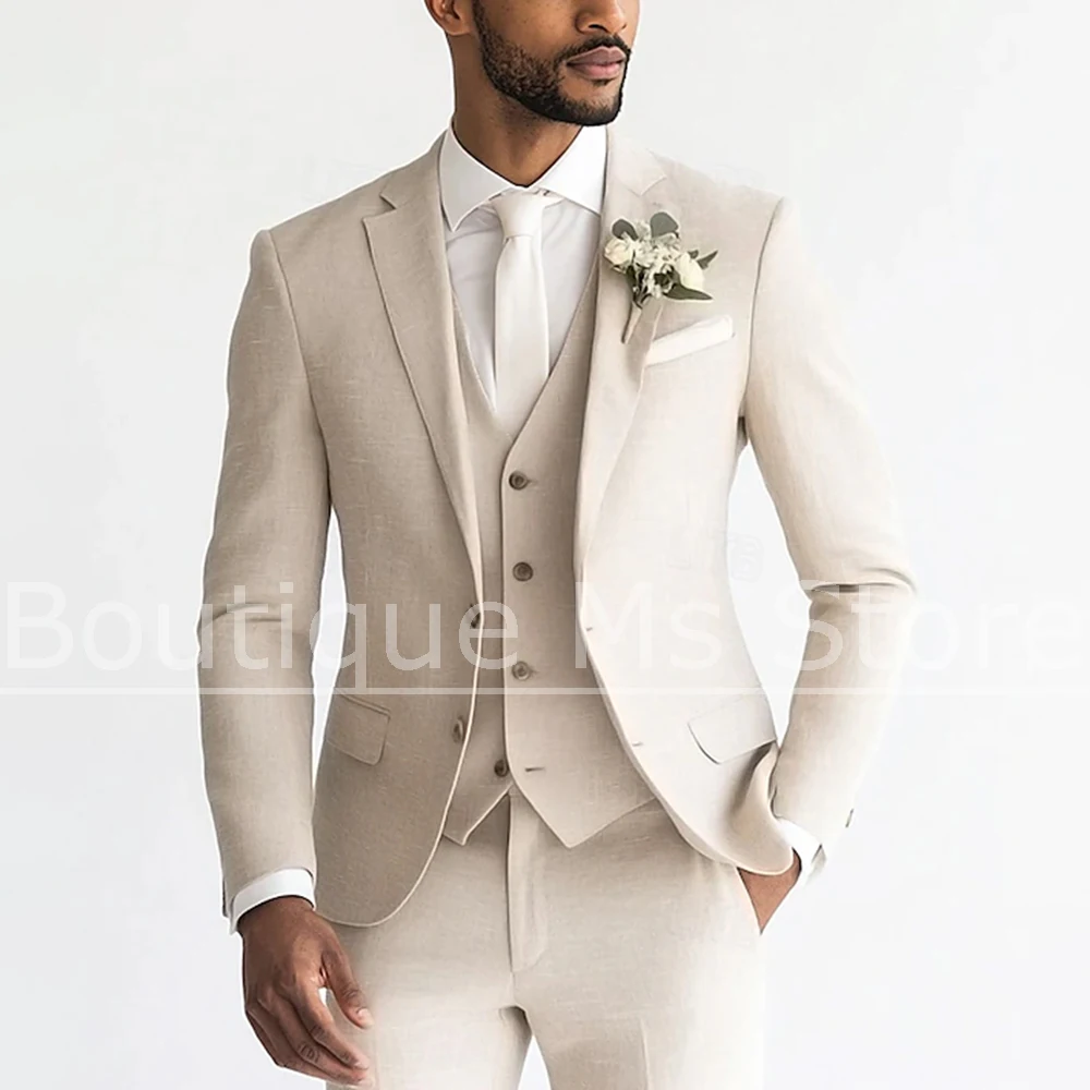 Men's Linen Suit 3 Piece Chic Single Breasted Notch Lapel Outfit Smart Casual Wedding Party Slim Stylish Jacket Vest Pants