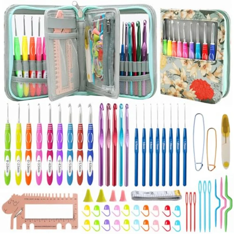 

60-Piece Ergonomic Crochet Hooks Set with Travel Case - Aluminum Crochet Needles Kit for Beginners and Experts Arthritis-Friend
