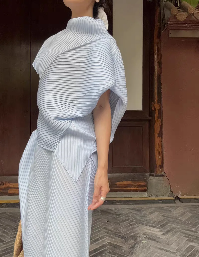 Pleated T-Shirt 2026 Summer New Japane Irregular Cut Pile Collar Top Simple Fashion Lightweight Wrinkle-Free Women Skirt