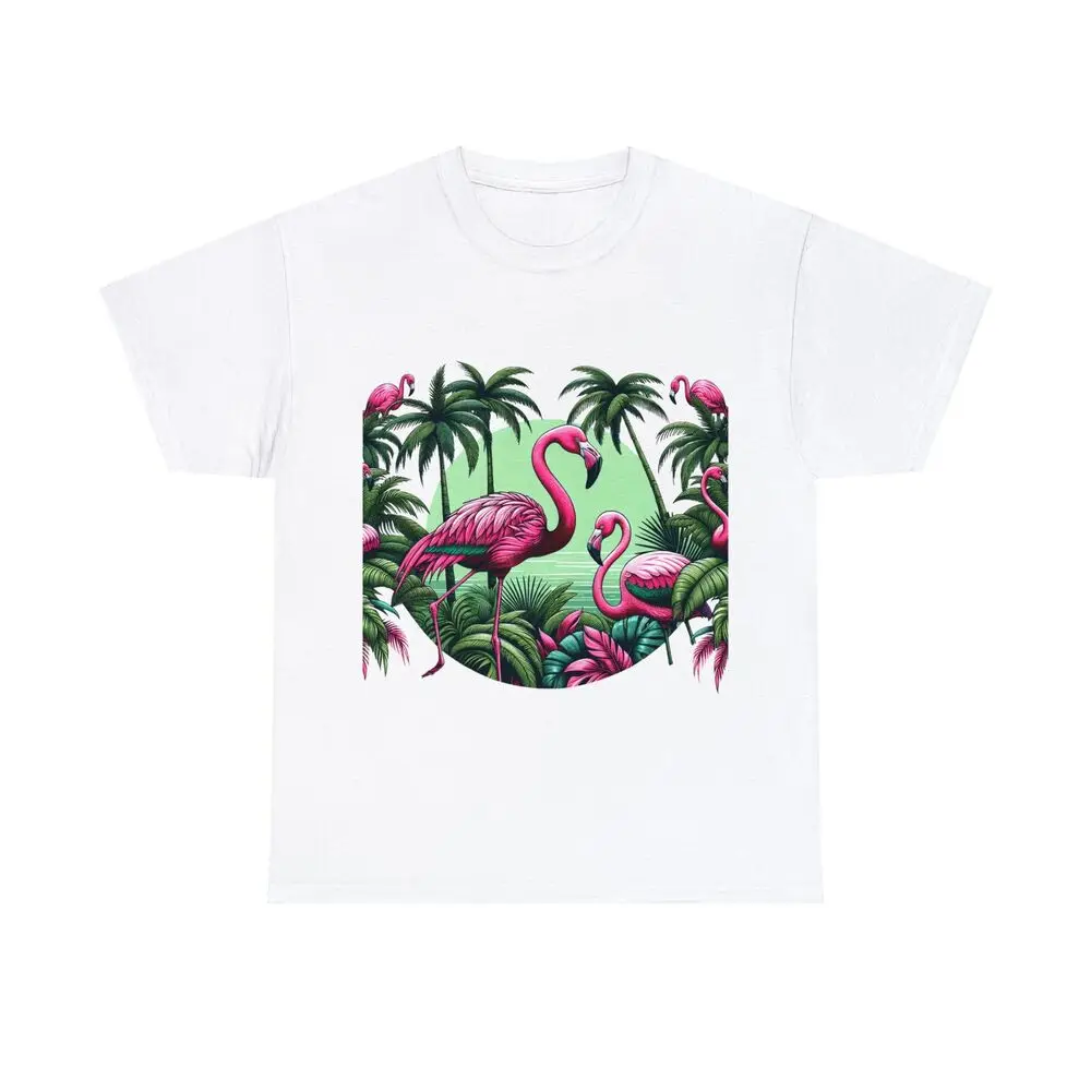 Adult Graphic T Shirt: Tropical Flamingos Palm Trees, Serene Island Vibes  T-shirts For Men Clothing Women Short Sleeve Tees