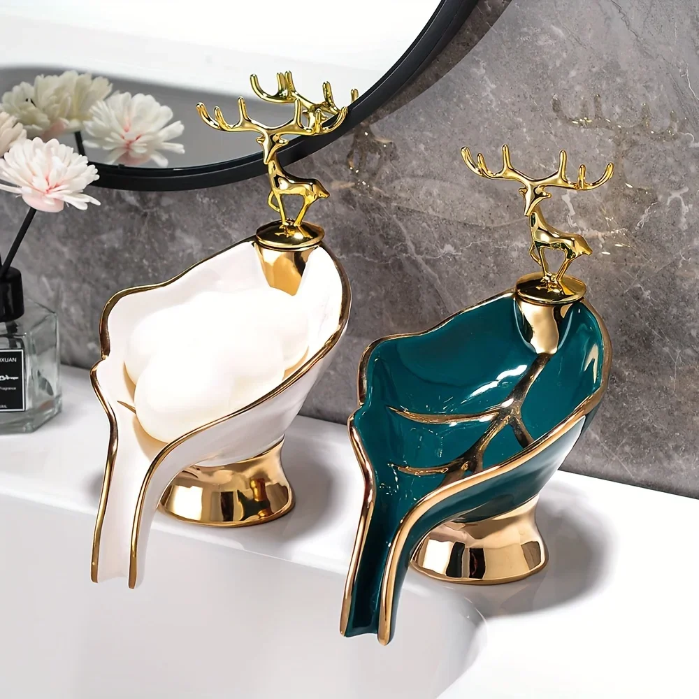 

1 шт. Элегантная керамическая мыльница в форме листа — самоосушивающийся дизайн, прочный поднос для мыла для декора ванной комнаты — аксессуар для раковины с боковым кремом