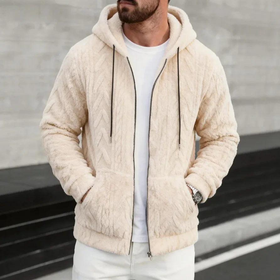 

Stylish Mens Furry Fleece Hooded Jacket Coat Streetwear Men Vintage Drawstring Zip-up Cozy Hoodie 2026 Spring Fashion Outerwear