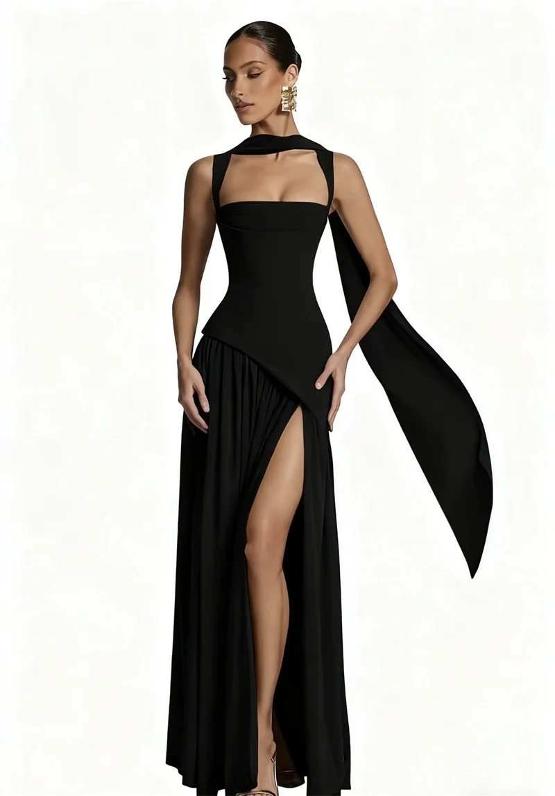Abito da ballo con sciarpa lunga Verde scuro Nero Guaina sexy senza maniche Abito da sposa con lacci sul retro Abito da compleanno per matrimonio formale per ospiti