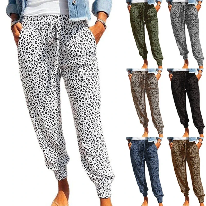 Summer New European and American Women's Leggings Loose Leopard Print Lace Up Casual Pants 2024