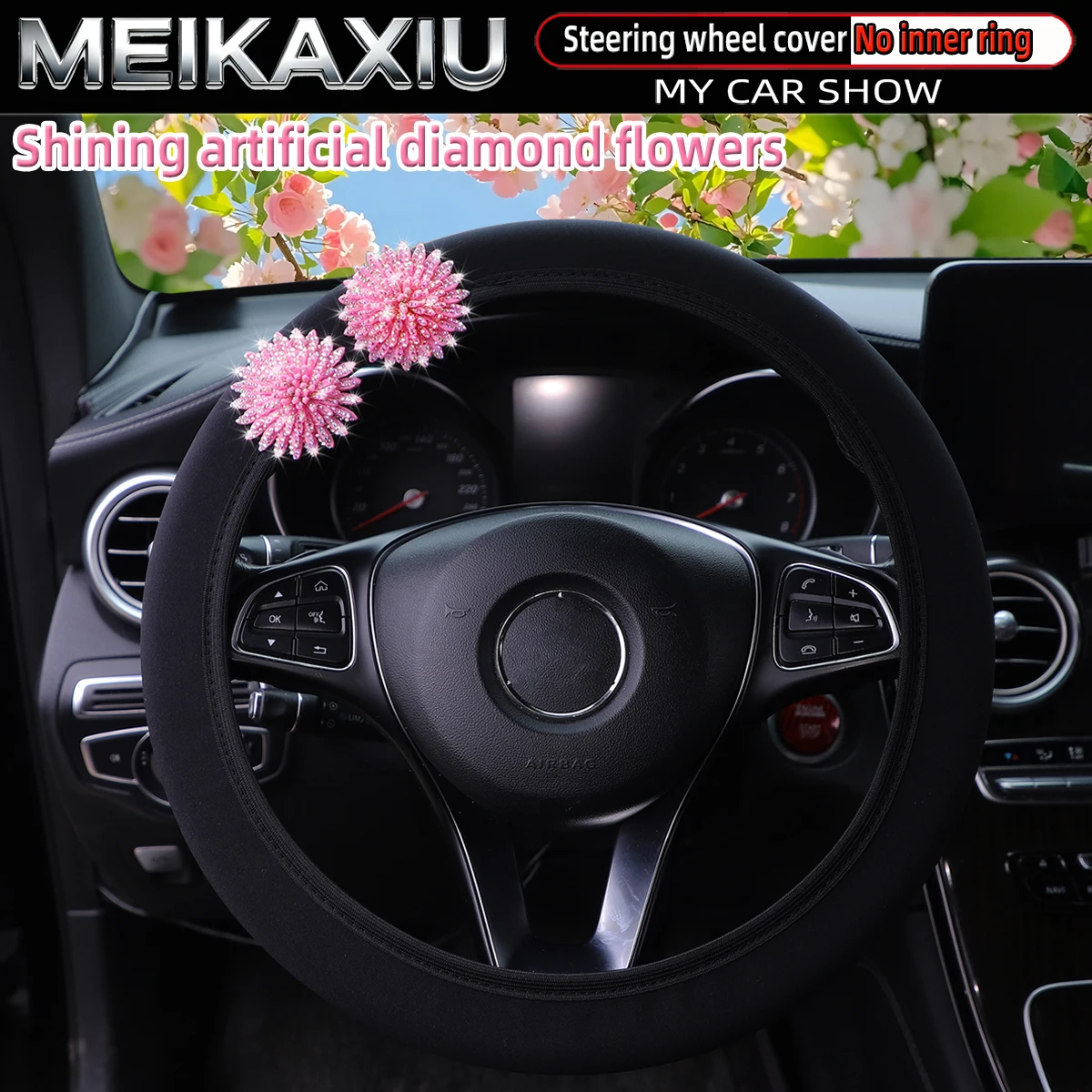 Glitzernder Rosa Blumen-Bestickter Satin-Stoff Auto-Lenkradbezug ohne Innenring für Frauen
