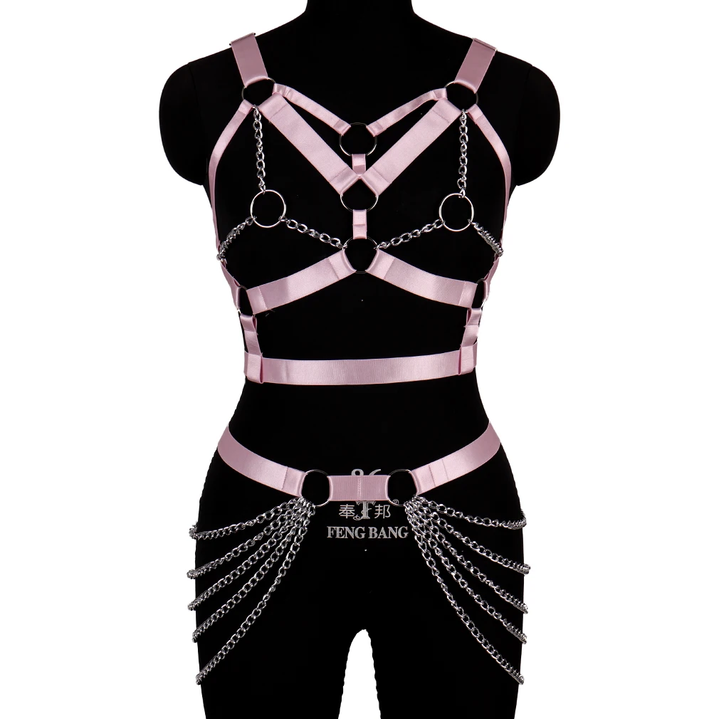 

BONDAGE STRAPPY Body Cage Chain Dance Elastic Hollow Harness Set Women Crop Top Goth Harness Bra Rave Wear Leg Garter Waist Belt