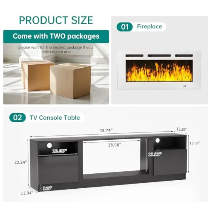 Fireplace TV Stand for TVs up to 90, LED Light Entertainment Center, Modern Wood Texture, Warm Brown, Highlight Storage Cabinet