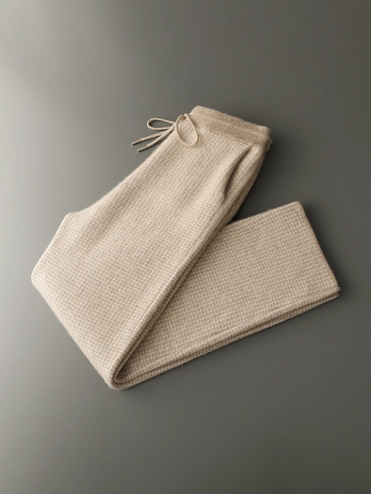 Men's 100% Cashmere Wide Leg Pants Autumn Winter Jacquard Thicken Trousers Casual Knitted Houndstooth Pockets Drawstring Pants