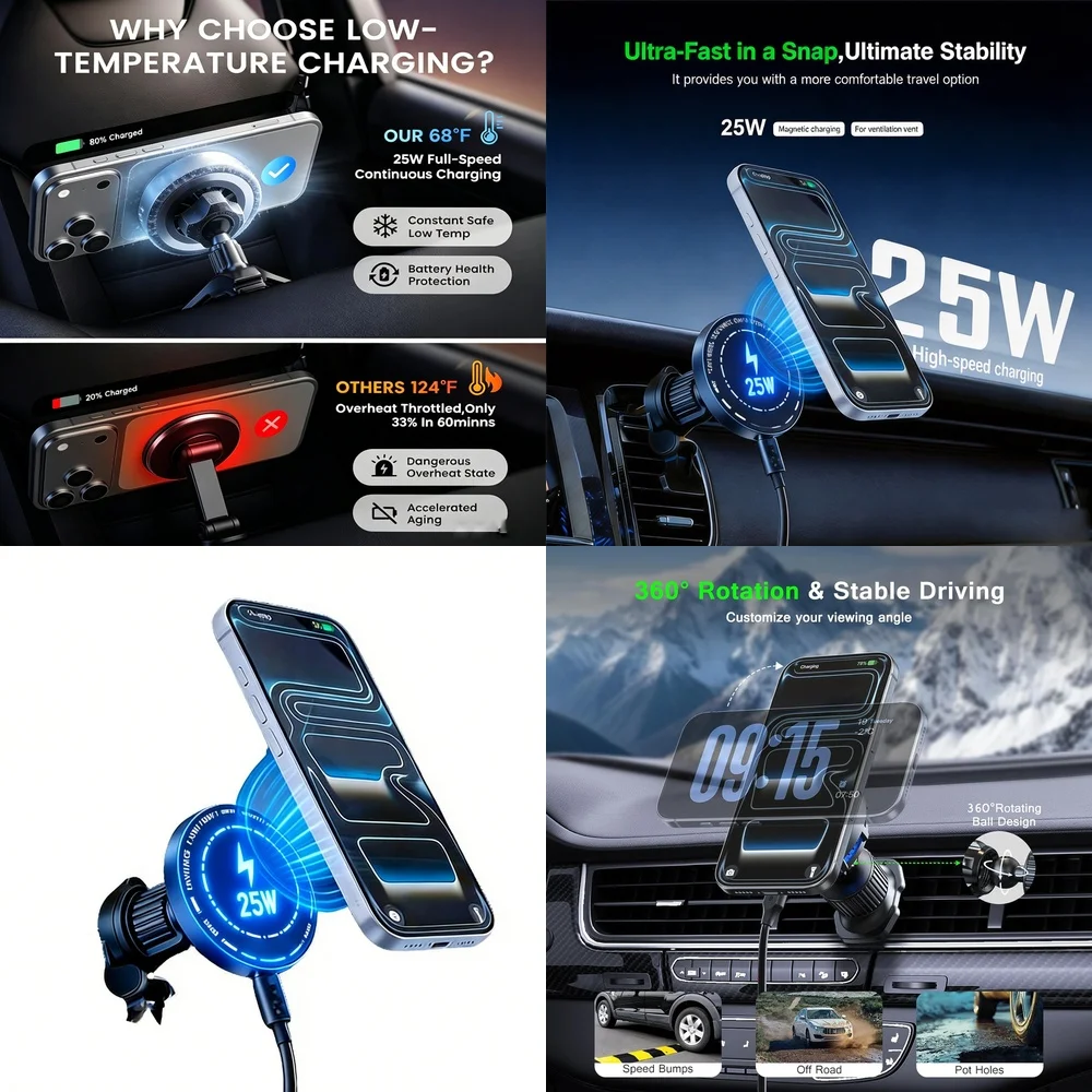 Powerful 25W Magnetic Wireless Car Charger For iPhone 17 16 15 Pro Max Fast Charging Air Vent Phone Holder Wireless Charger