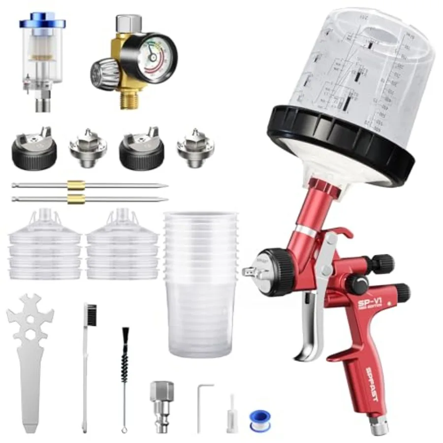 

Комплект пневматического краскопульта SP-V1 HVLP с одноразовыми стаканами для краски 20 унций, сопла 1.3/1.5/1.8 мм, для покраски автомобилей и домов