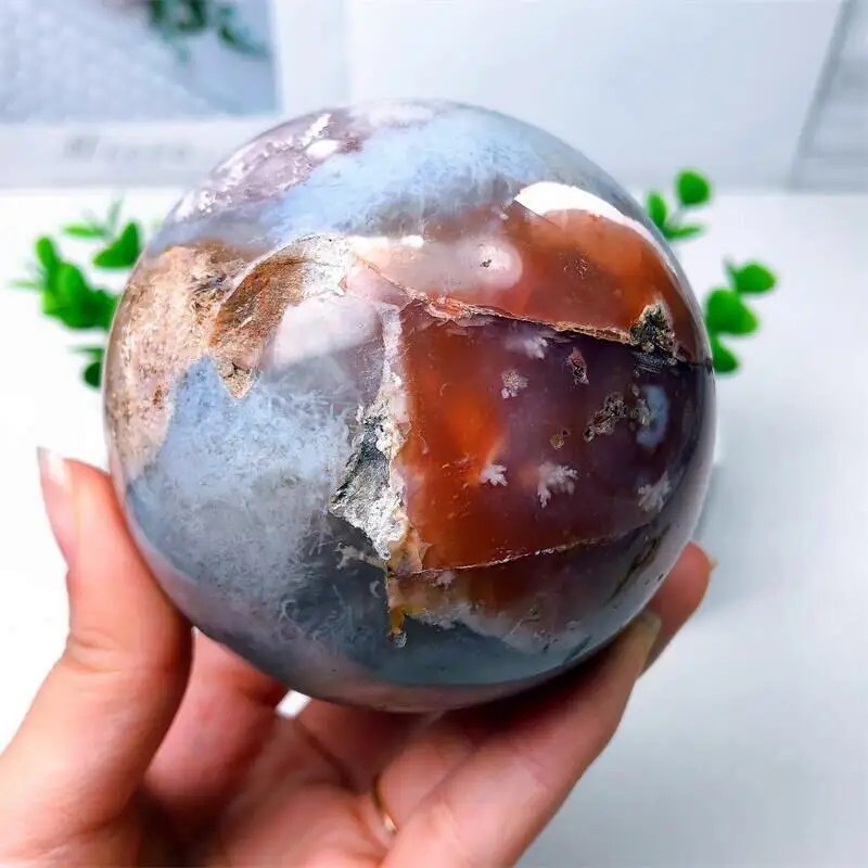 

7.9CM Natural Flower Agate Sphere Crystal Fengshui Healing Reiki Stone Home Office Decoration Lovers Gifts 1pcs