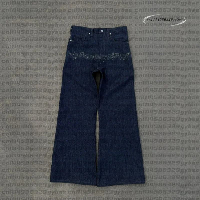 2026 Y2K Vintage Flare Denim Pants Musical Staff Embroidery Adjustable Waist Trousers Unisex Streetwear Fashion Baggy Jeans