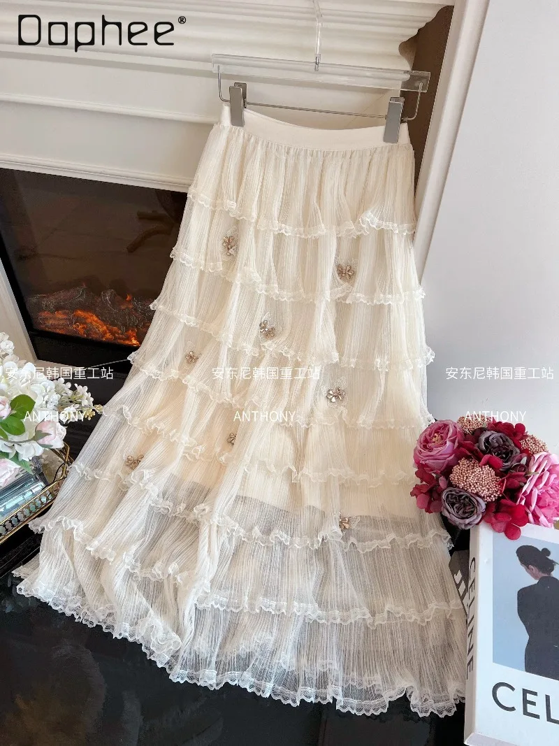 

French Temperament Sweet Multi-layer Tutu Skirt Women 2026 Spring New Fashion Chic Bead Rhinestone Elastic Waist A-line Skirts