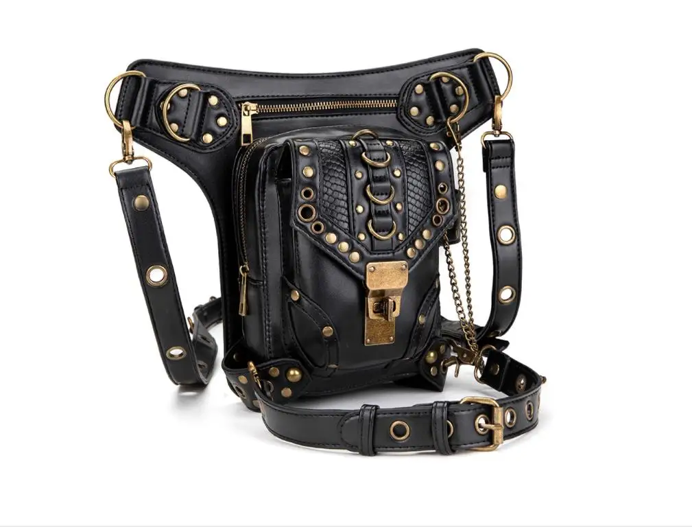 Steampunk Waist Leg Bags Female Chain Retro Biker Small Package Ladies Shoulder PU Leather Crossbody Rock Style Motorcycle Belt