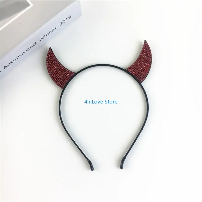 T4MD Vintage Devil Horns Hair Hoop Rhinestones Crystal Headwear Headband Halloween Party Halloween Disco Themed Headband