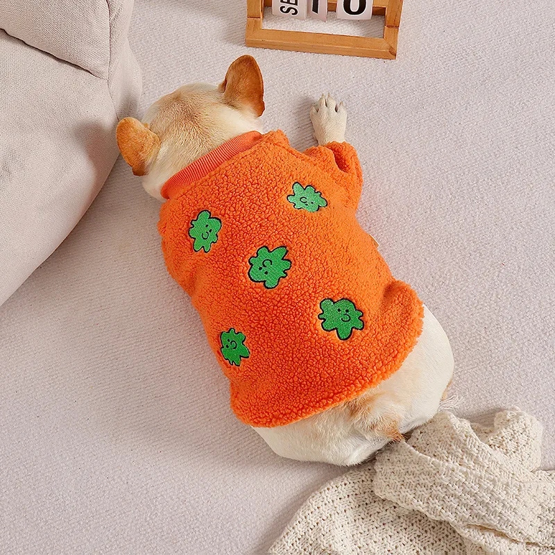 Dog Clothes Orange Embroidered Sweater Puppy Clothes Cotton Cute Clothes Winter Fleece Coat Thickened Warm Pet Clothing Durable