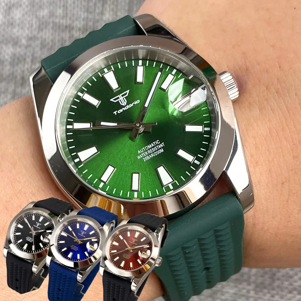 NH35 200m Waterproof Tandorio 36mm Polish Steel Automatic Watch Men Day Date DJ Hand Sapphire Cyclop Waffle Green Lume Rejor