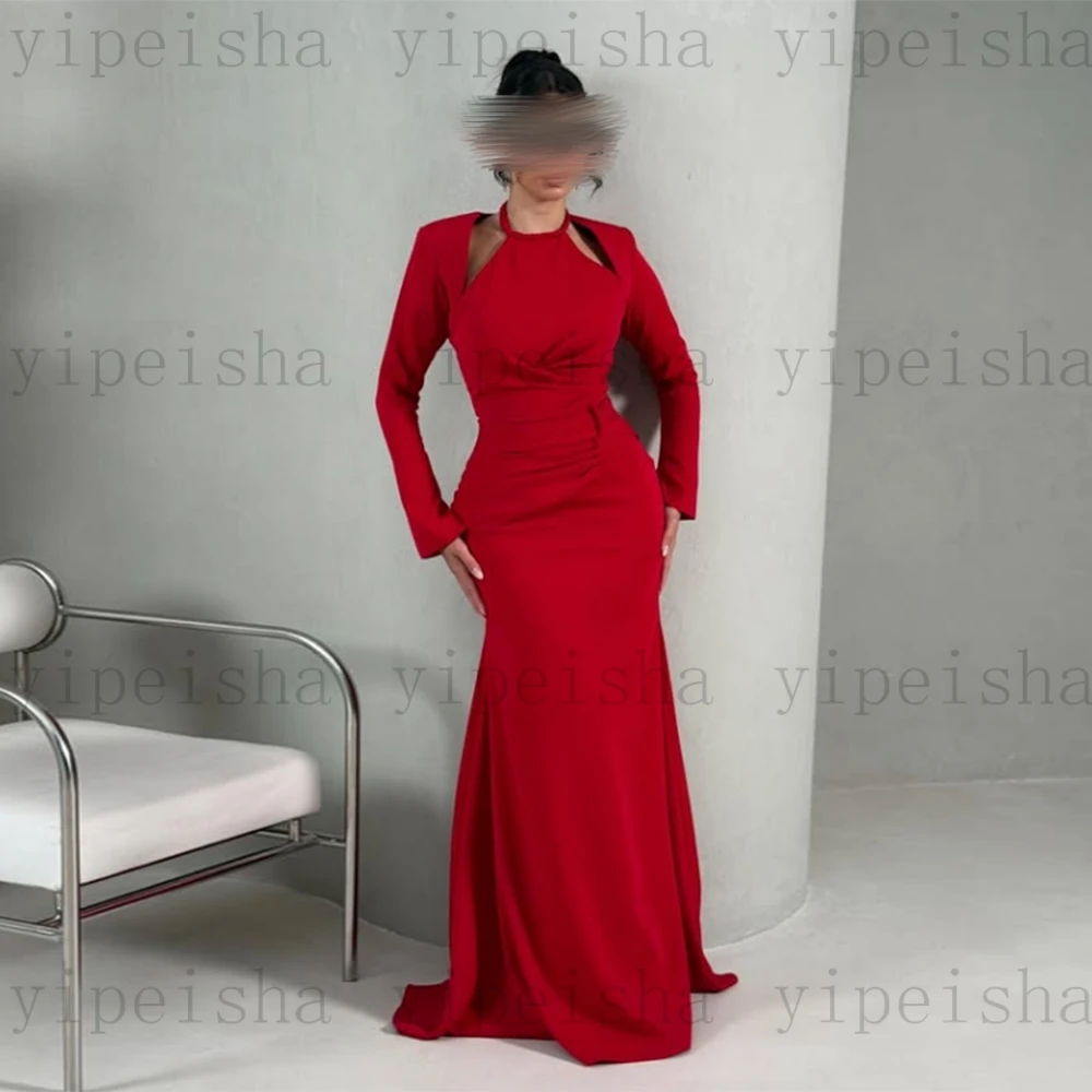 Personalizado halter pescoço vestidos de noite simples até o chão plissado sereia vestido de baile com jaqueta de manga cheia mdoern vestido longo