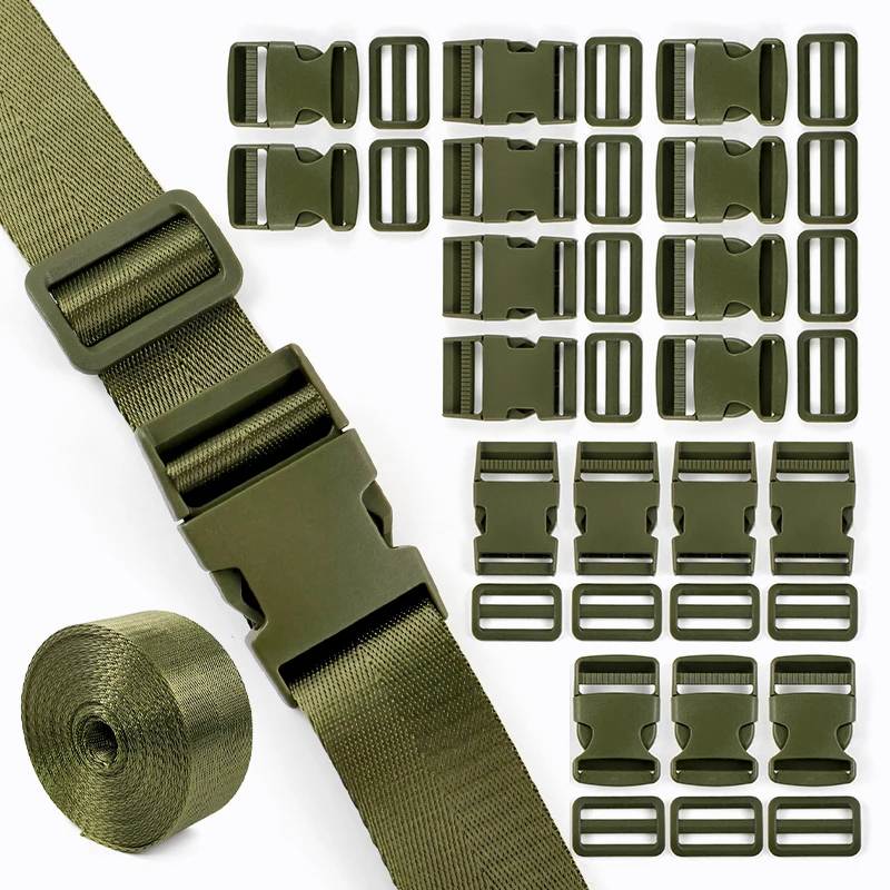 1-5 مجموعات Armygreen حزام Fastex مشبك 25/32/38 مللي متر حزام البلاستيك الجانب الإصدار أبازيم ثلاثي الإنزلاق ضبط Carabiners كليب للحقائب