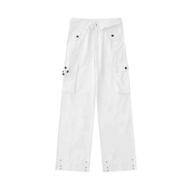 OR FL American Retro Wash And Age 100 Cotton Women Cargo Trousers Trendy Brand Design Sense Small Lapel High Waist Look Slacks