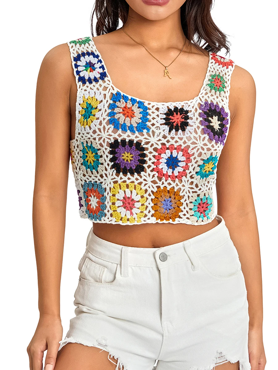 Women s Summer Sleeveless Tops Colorful Hand Crochet Embroidery Openwork Knit Tank Tops