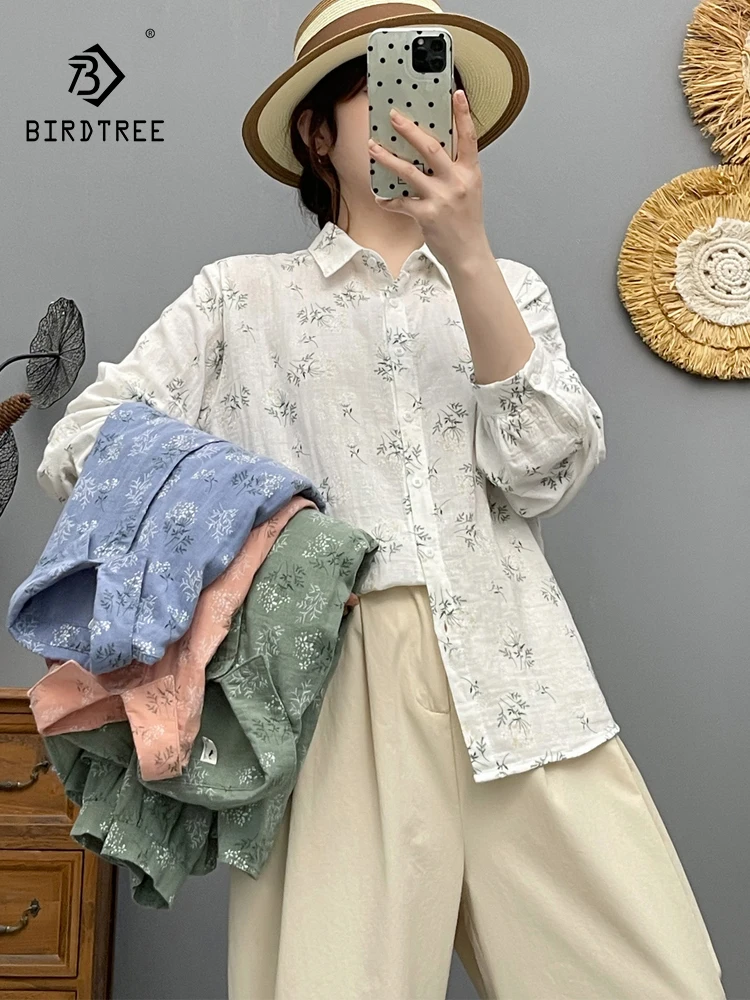 

New 2025 Autumn Cotton Yarn Long Sleeve Shirt, Women Turn-down Collar Print, Mori Girl Breathable Casual Loose Blouse T58750CC