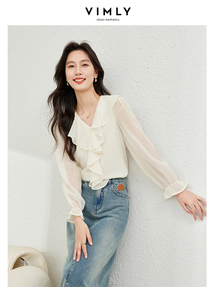 Vimly French Style Ruffled V-neck Chiffon Shirt 2024 Spring Simple Long Sleeve Women\'s Blouses Apricot Elegant Pullovers 16579