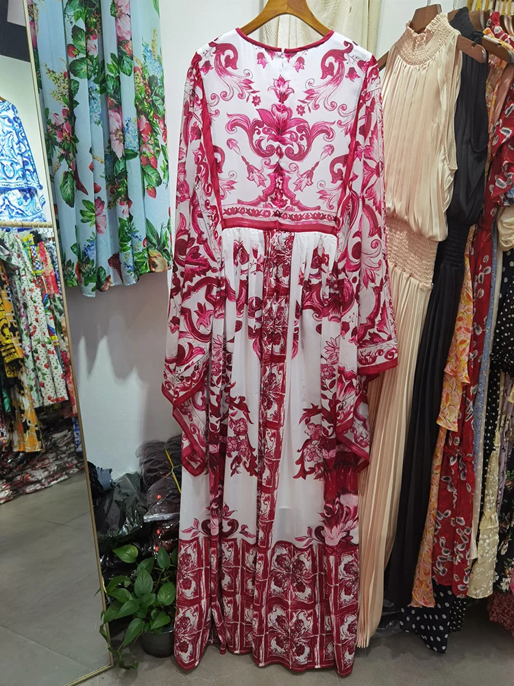 Fashionable Full Long Dress for Women, Chiffon Silk, Red Porcelain Printing, Suqare Sleeve, Party Vacation, Spring and Summer