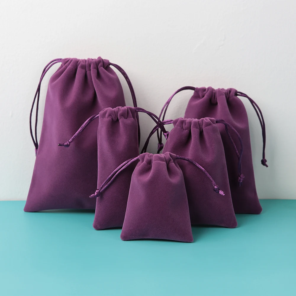 5 Stück Schmuckbeutel, lila, flach, offener Stil, Samt, Kordelzug, Perlen und Juwelen, Organizer, Display, Parfüm, Aromatherapie, Ölpackung – Detail 10