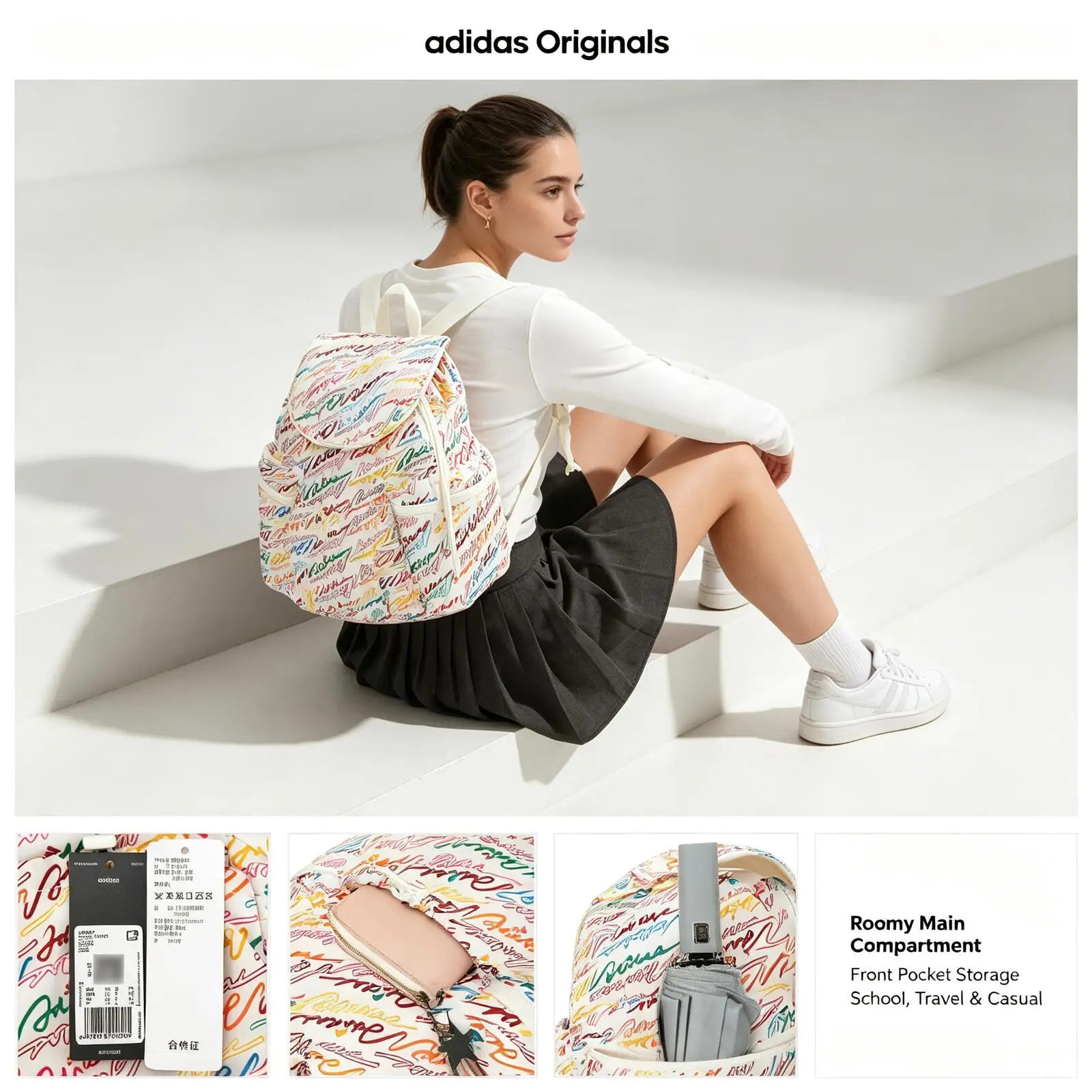 Adidas Graffiti Print Backpack Colorful Casual Daypack Classic Logo Front Pocket Adjustable Shoulder School Travel Rucksack
