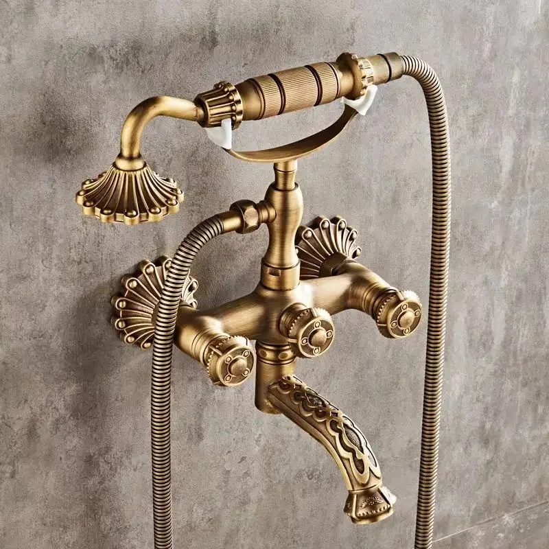 European Style Antique Carved Brass Shower set,Hot&Cold Water Mixer Tap bathtub simple high-end shower,Wall Mounted Bath Shower