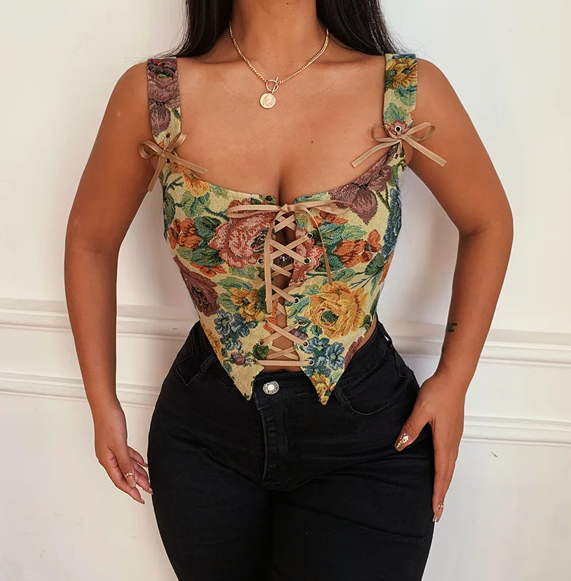 Verde floreale Denim Spaghetti Straps Lace Up Hot Sexy corsetto Push Up Bustier Top donna abbigliamento gotico Vintage corsetto Feminino