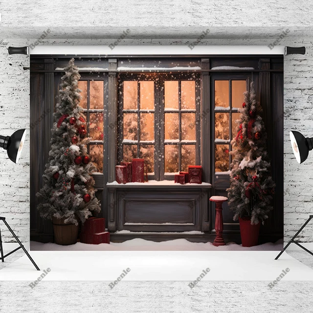 Beenle Christmas Photography Background Winter Snow Fireplace Xmas Tree Gifts Kids Family Portrait Decor Backdrop Photo Studio