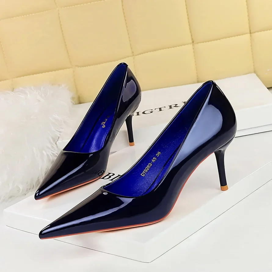 Women 7cm High Heels Career Temperament Work Pumps Lady Stiletto Heels Glossy Leather Fetish Royal Blue Nude Party Concise Shoes