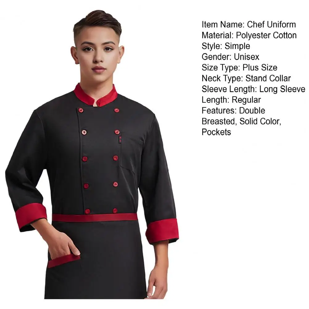 Unisex Chef Uniform With Chest Pocket Stand Collar Long Sleeve Double Breasted Chef Shirt Solid Color Kitchen Bakery Uniform