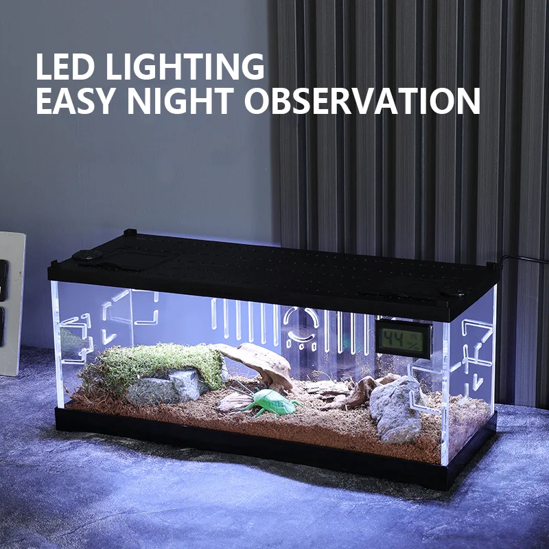 Anti-escape Reptiles Feeding Boxes with LED Light Acrylic Breeding Box with Heating Pads Reptile Supplies for Lizards Snakes