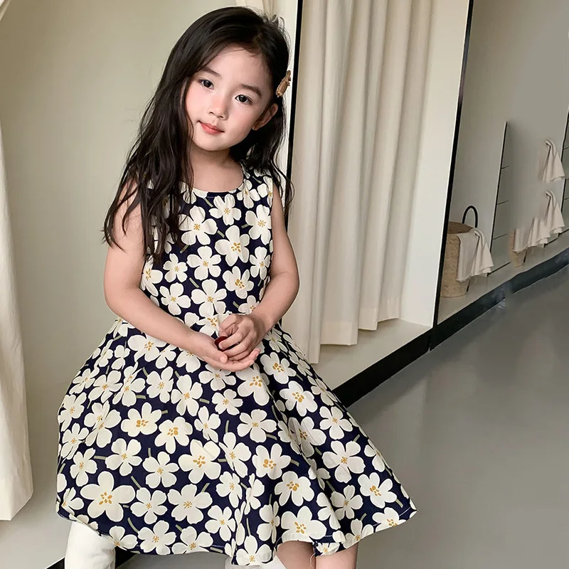 

Europe and the United States summer new dress 2024 girls retro vest sleeveless waist sweet floral one-piece princess dress