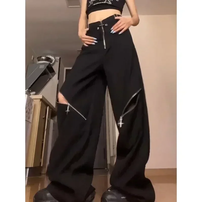 Deeptown Black Y2k Gothic Cargo Pants for Women Gyaru Oversized Vintage Baddies Streetwear Trousers Coquette Harajuku Techwear