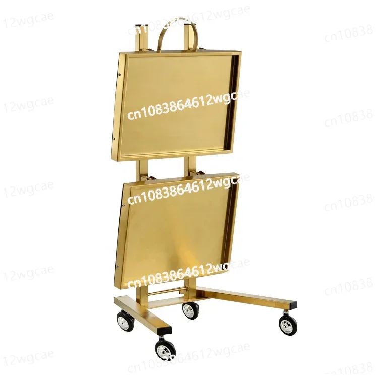 Portable Gold Folding Trolley for Beauty Salon Stainless Steel 2 Trays 4 Universal Wheels Rolling