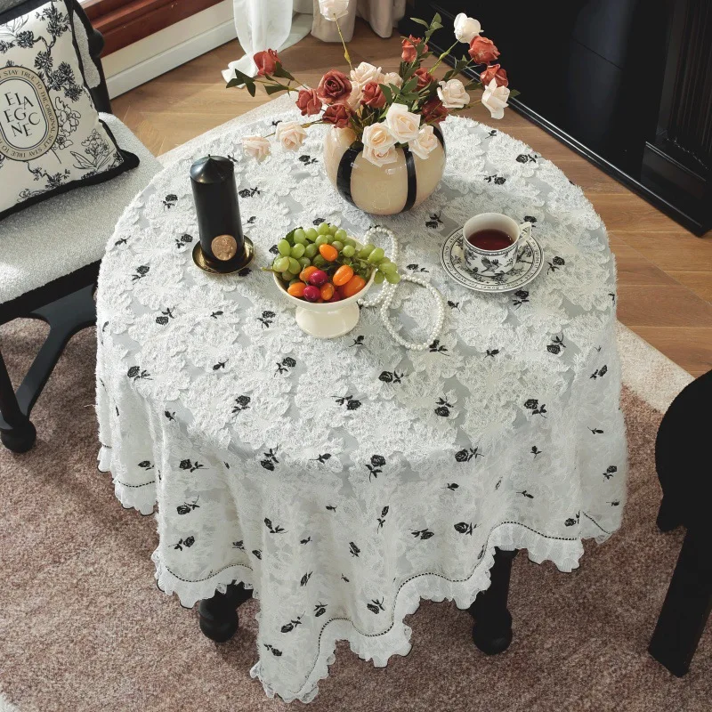 Beautiful Black Rose Table Cloth High Quality French Style White Lace Table Cloth with Ruffle Edge