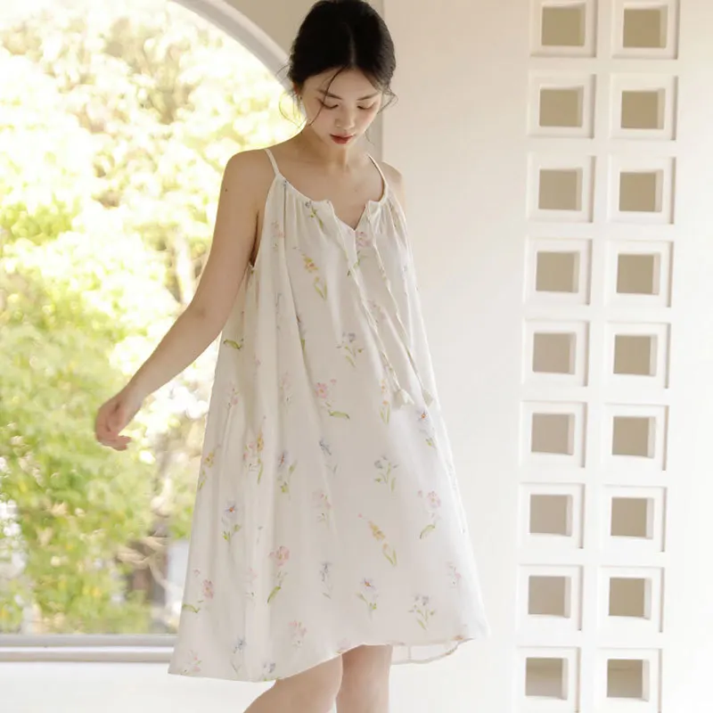 Women's Silky Viscose Floral Print Nightgown - Lightweight Flowy Spaghetti Strap Sleep Dress with Tie-Front Detail, Home Wear