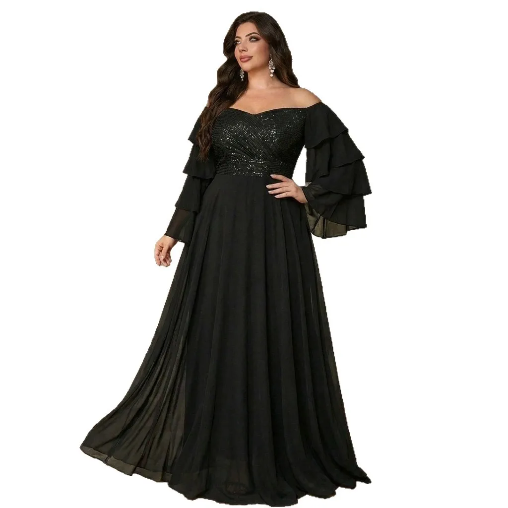 

Elegant Off Shoulder Tiers Long Shoulders Sequined Long Plus Size Formal Evening Dress Black