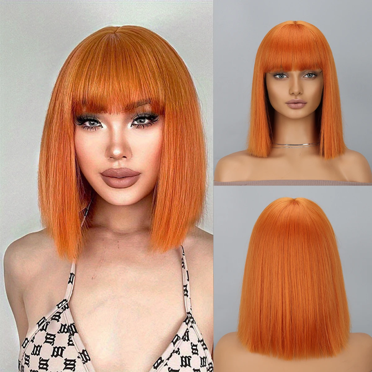

Оранжевый парик Боб с челкой, короткий оранжевый парик для женщин, прямые парики Боб, термостойкий синтетический парик Mia Wallace Cleopatra