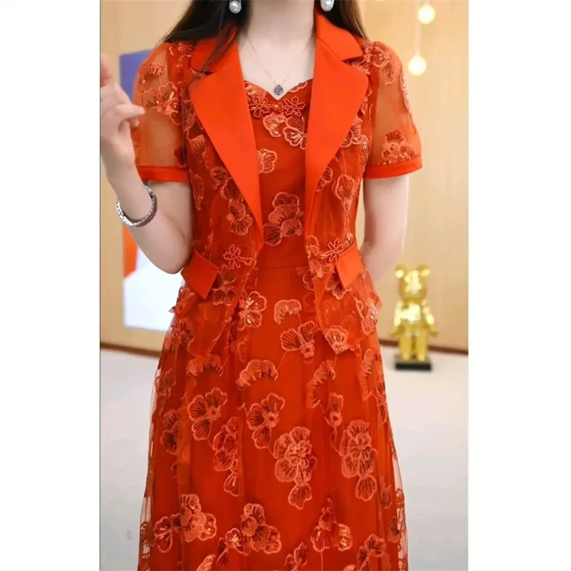 Lace Dress Women\'s High end Luxury Lady Two Piece Sets Silk Dress Suit Jacket And Dress 2023 Summer Waist Slim Long A-line Dress